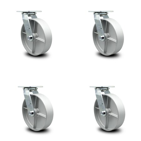 Semi Steel Cast Iron Swivel Top Plate Caster Set of 4 w/8" x 2" Silver Wheels - Includes 4 Swivel w/Bolt on Swivel Locks - 5000 lbs Total Capacity - Service Caster Brand
